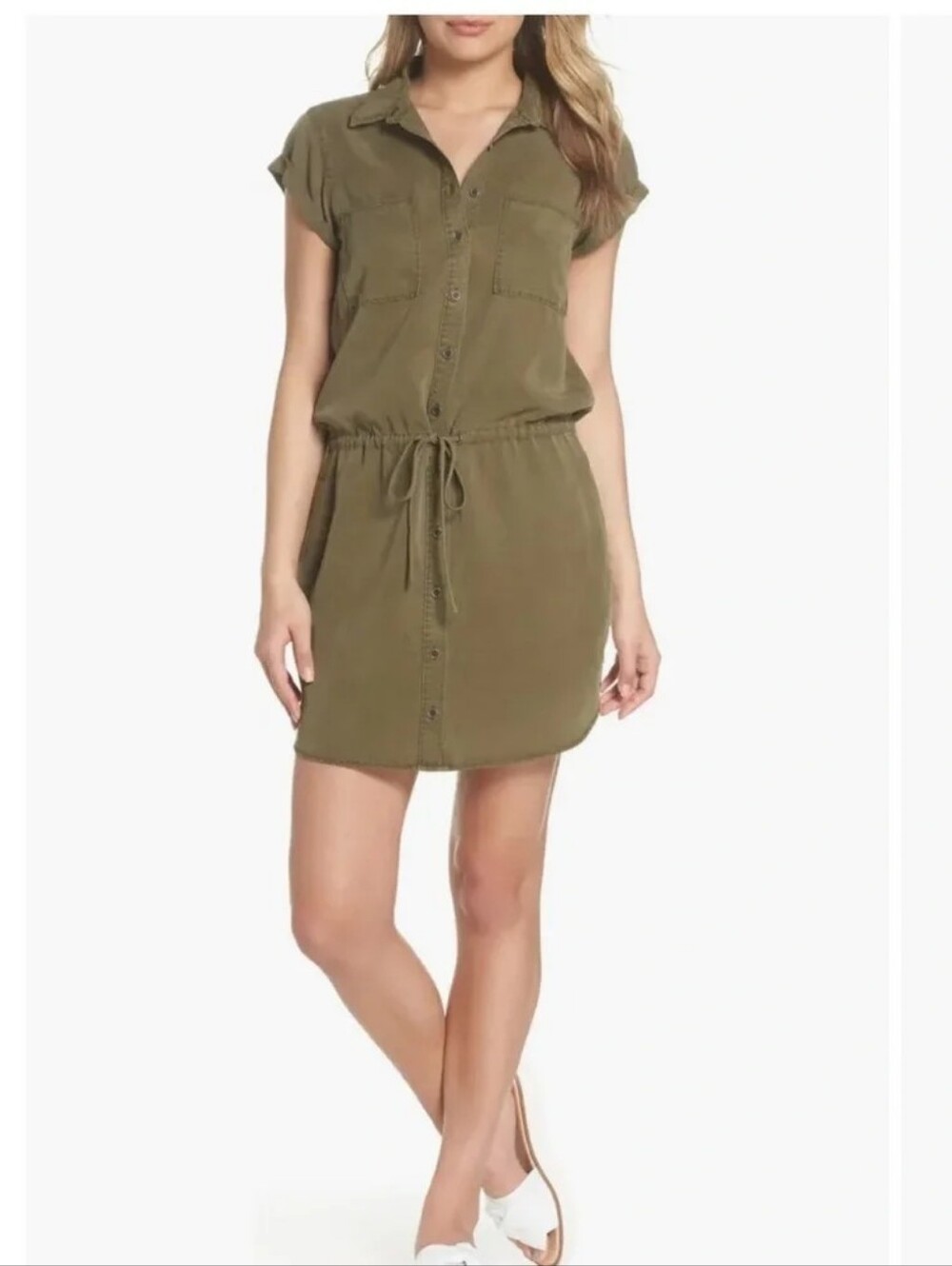 $10 w/$15+ Bundle Paige Collared Shirt dress In Dresser Olive With Tie Waist - Picture 1 of 11